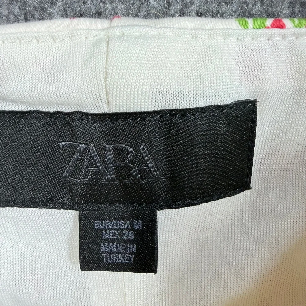 Zara Women Ivory Red Floral Button Front Ruffle Trim Square Neck Top Medium - Picture 6 of 10